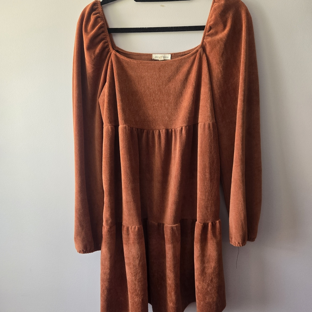 Moa Moa Terracotta Ribbed Babydoll Dress - Long Sleeve Boho Mini